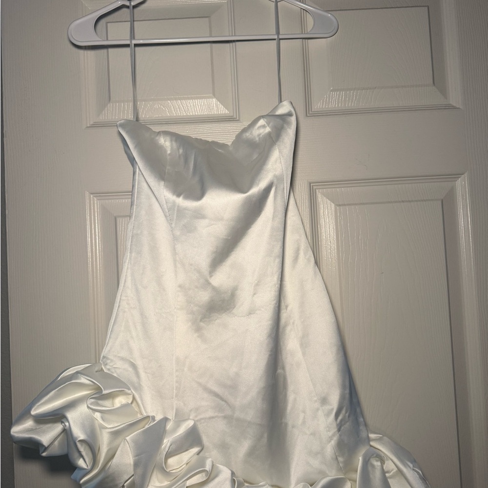 Meshki Elegant White Satin Dress with Ruffle Hem